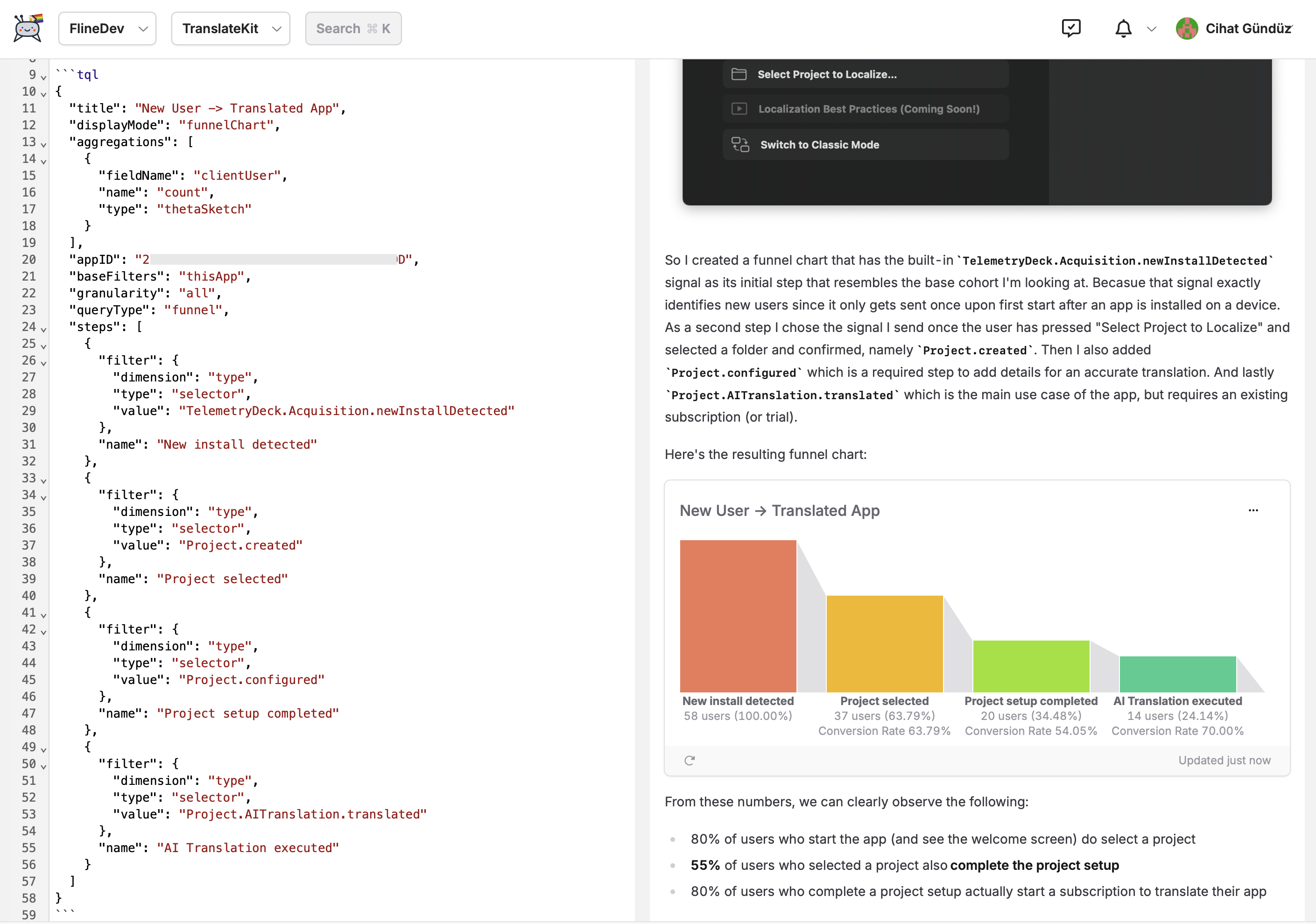 A screenshot showing the markdown editor with TQL code, and the live chart preview in a notebook
