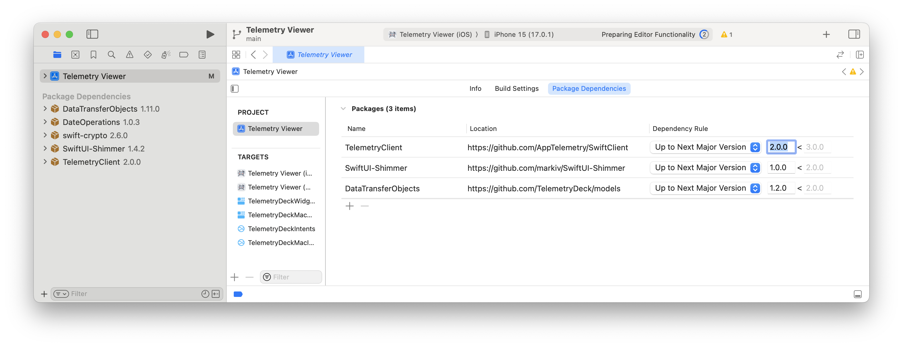 Screenshot of the left sidebar in Xcode 14, with the TelemetryDeck Swift Package highlighted