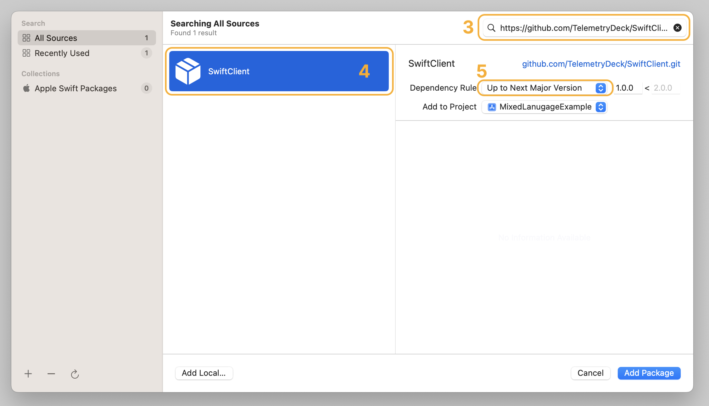 A screenshot of Xcode adding the TelemetryDeck Package
