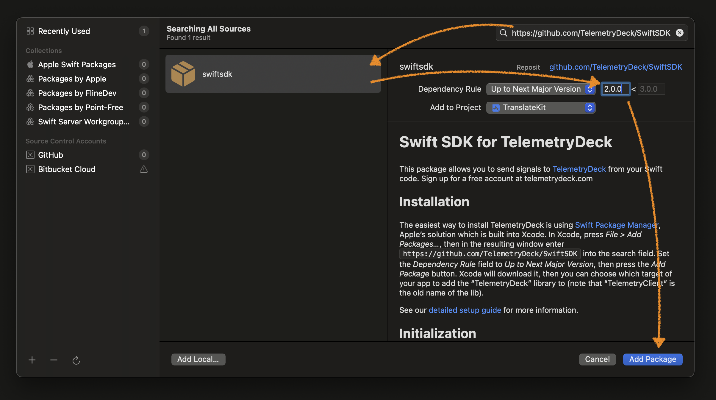 A screenshot of Xcode adding the TelemetryDeck Package